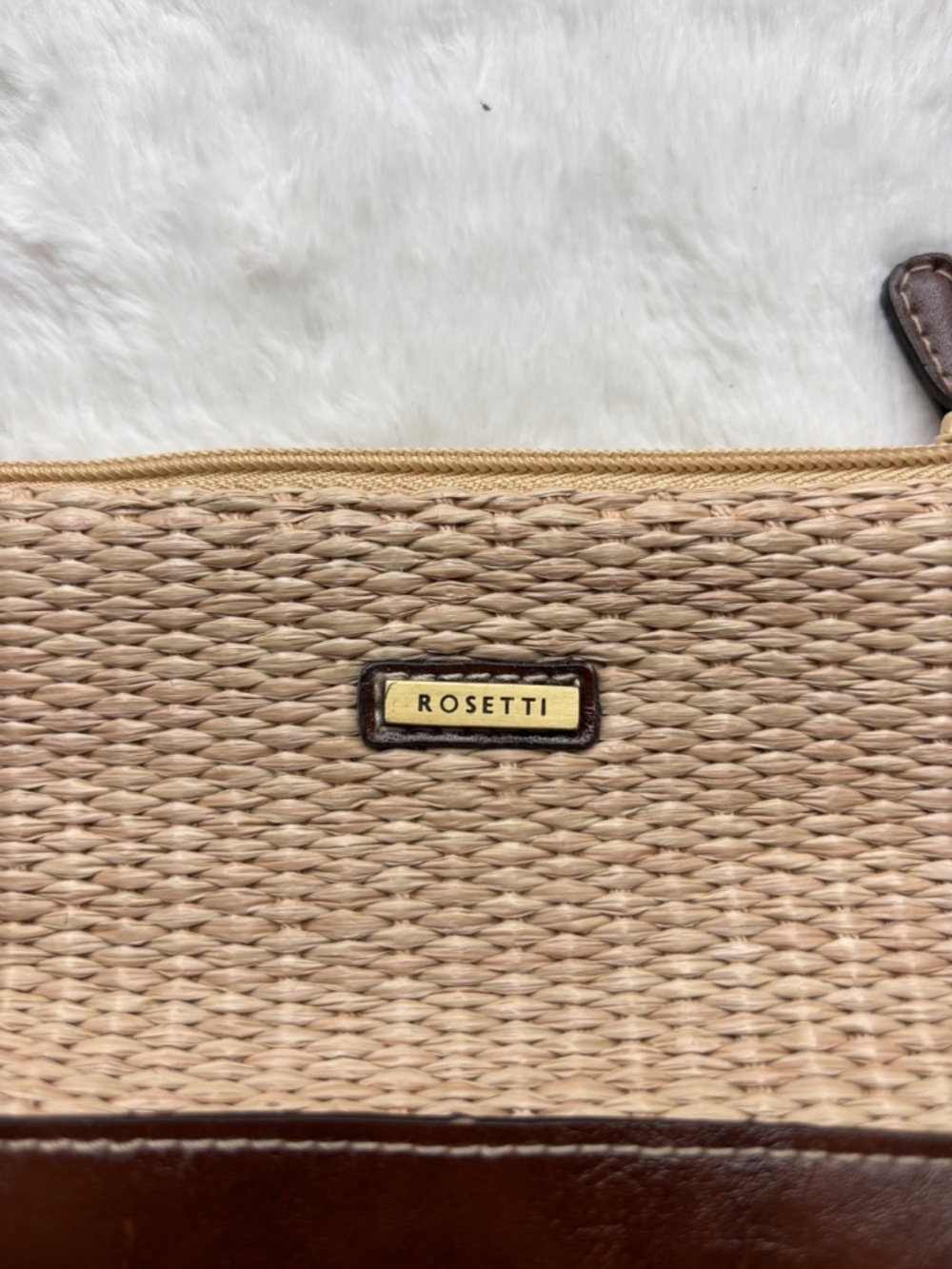Rosetti Woven Straw & Brown Faux Leather Mini Pouch Coin Purse - Picture 2 of 10